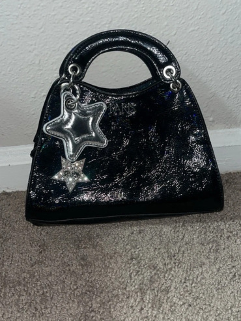 Paris Hilton Black Patent Mini Top-Handle Bag with Star Charm